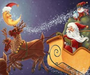 Puzzle Χριστούγεννα έλκηθρο τράβηξε από μαγικές reindeers και φορτωμένο με δώρα, Αϊ-Βασίλη και ένα ξωτικό